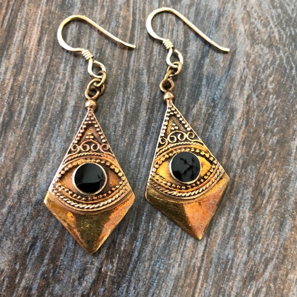 Evil eye inlaid onyx brass earrings - Picture 2 of 8
